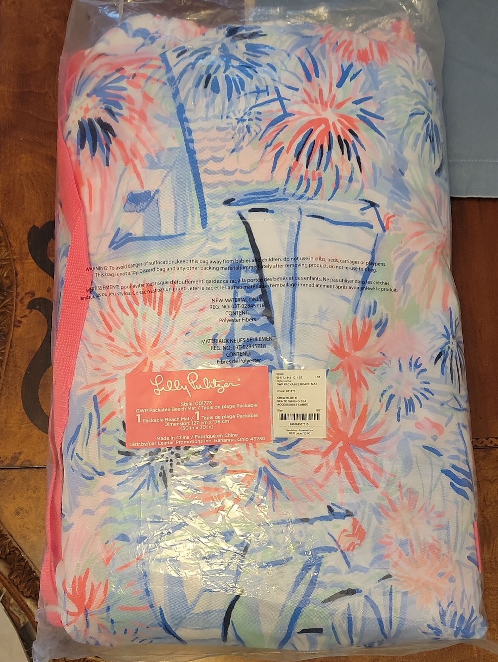 Lilly Pulitzer Coral Pink and Sky Blue Packable Beach Mat